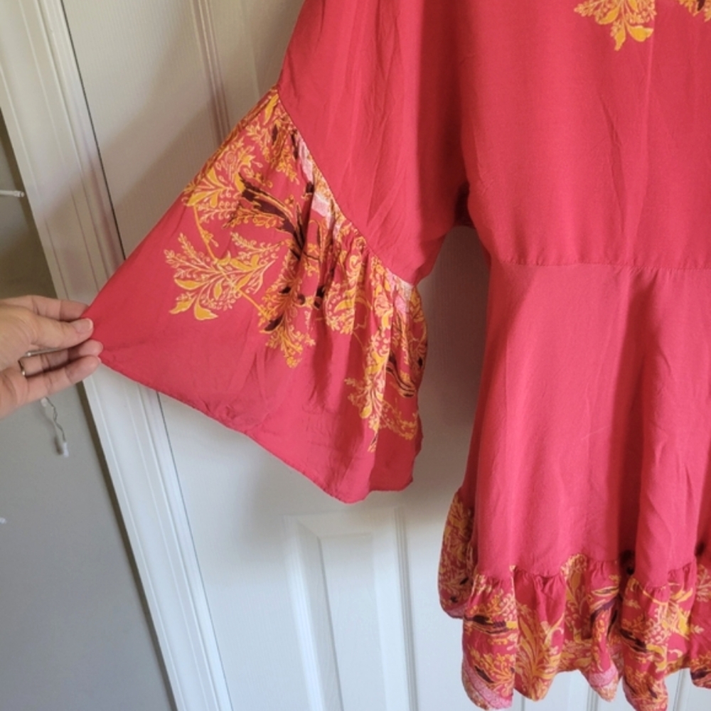 Free People Sunset Dreams boho print bell sleeve salmon color top women's‎ XS - Picture 13 of 16